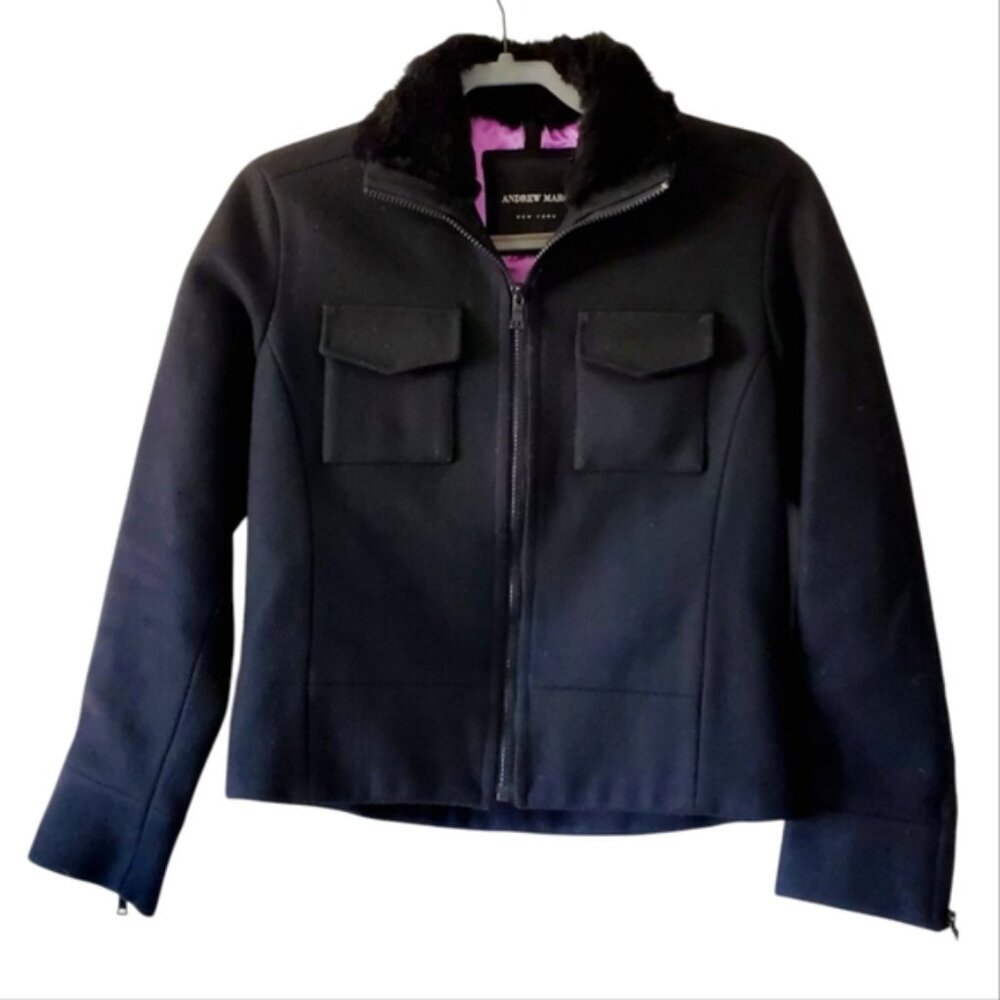 Andrew Marc Wool Mob Wife Zip Fur Collar Satin Lining Moto Bomber Jacket S